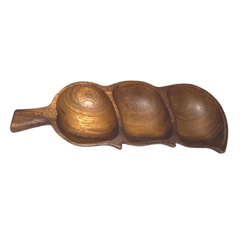 Vintage 1970s Genuine Monkey Pod Hand Crafted Wood 3 Divided Bowl Tray Tiki Vibe